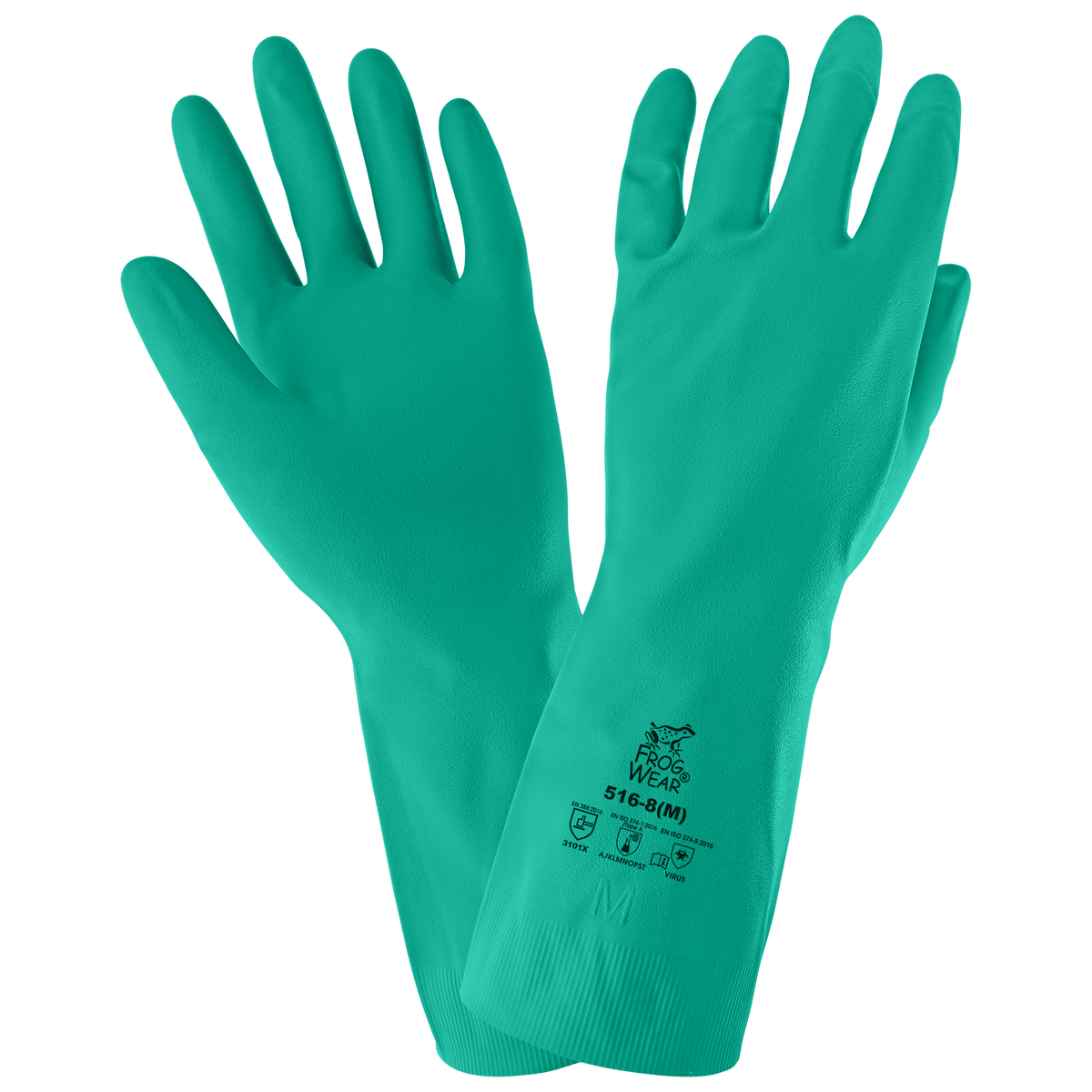 Global Glove & Safety 516, FrogWear Unsupported, Chlorinated, 13 Inch, 16 Mil, Sea Green Nitrile Gloves, Bisque Grip Finish