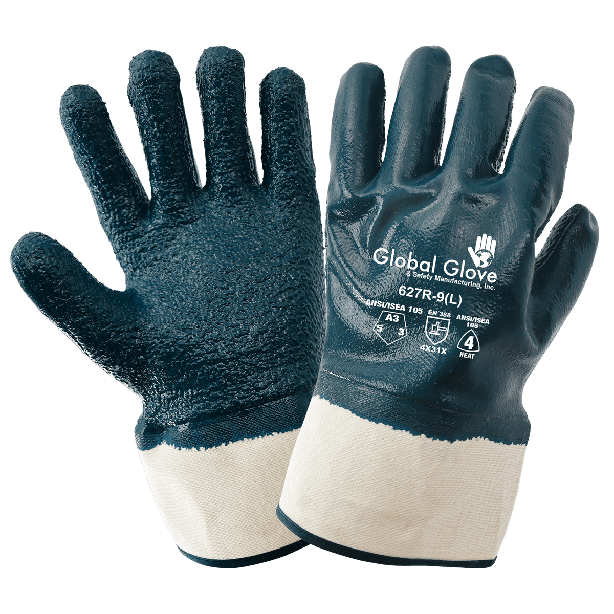 Global Glove & Safety 627R Premium Solid Nitrile Fully Coated Two Piece Jersey Gloves with Rough Finish, Cut A3