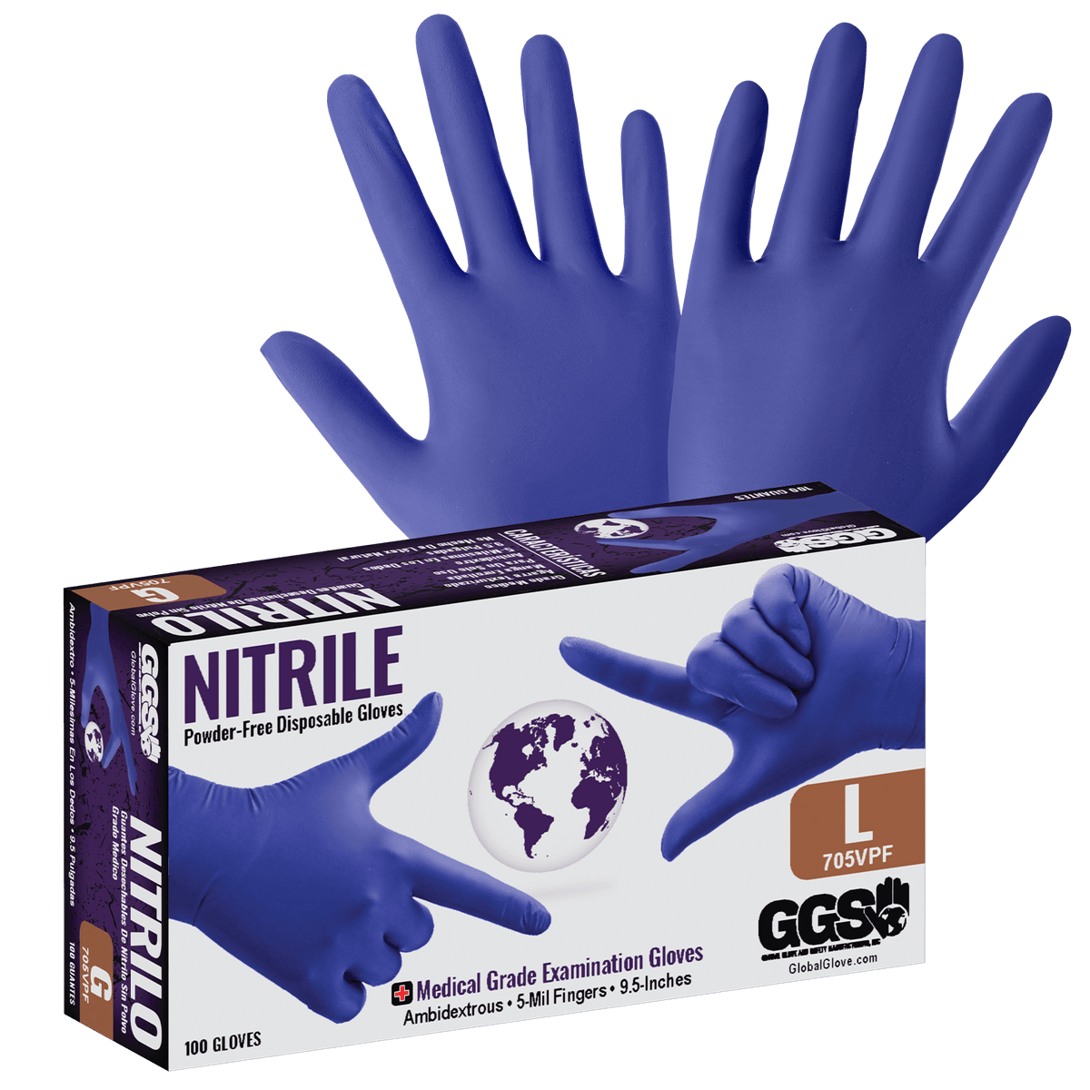 Global Glove Safety 705VPF Nitrile, Powder Free, Medical Grade, Royal Blue, Mil, Textured Fingertips, Inch (case of 1,000)