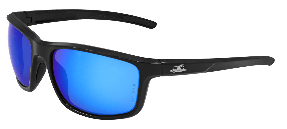 Global Glove & Safety Pompano™ Blue Mirror Performance Fog Technology Lens, Shiny Black Frame