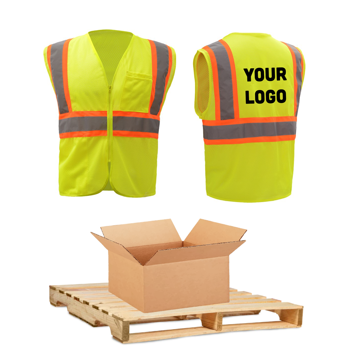 BULK, GSS Safety Class 2 Mesh Vest, Contrasting Trim, Zip Front, Includes Logo (100 vests)