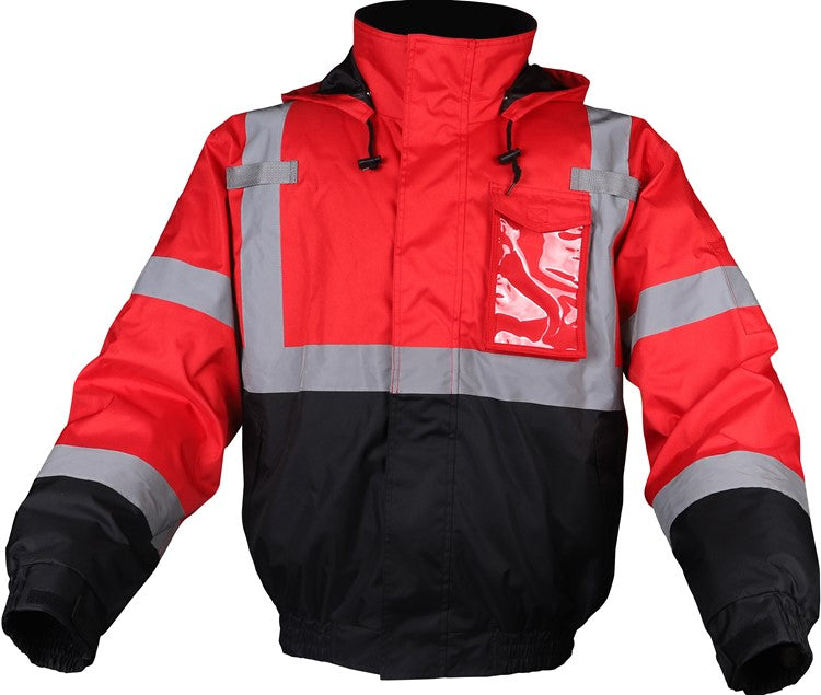GSS Enhanced Visibility Waterproof Bomber Jacket, Black Bottom Red SM