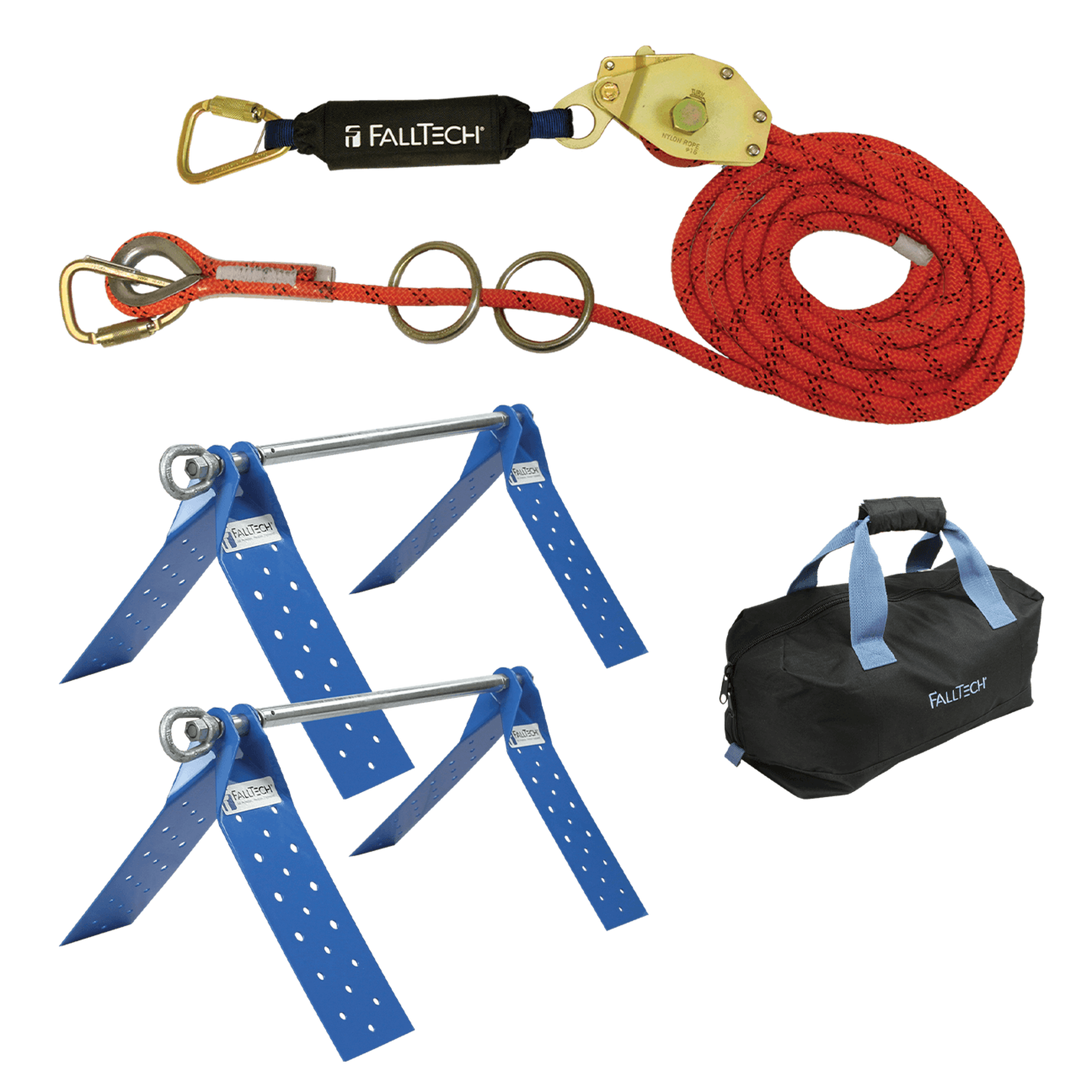 FallTech 7432602K Temporary Rope HLL SYSTEM; 2-Person with Kernmantle Rope and Dual Truss Roof Anchors