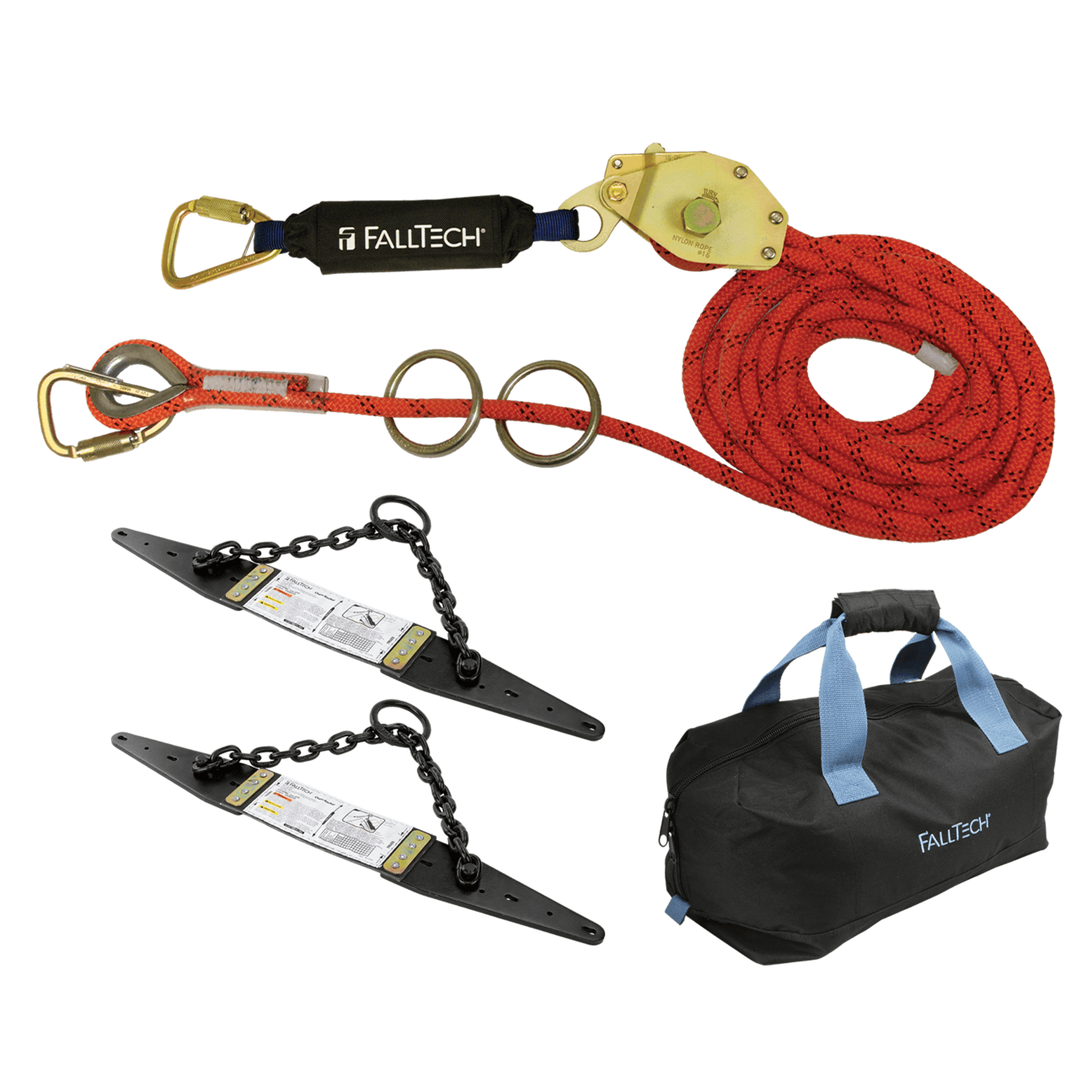 FallTech 7493A602K Temporary Rope HLL System; 2-person with Kernmantle Rope and Chain Roof Anchors (each)