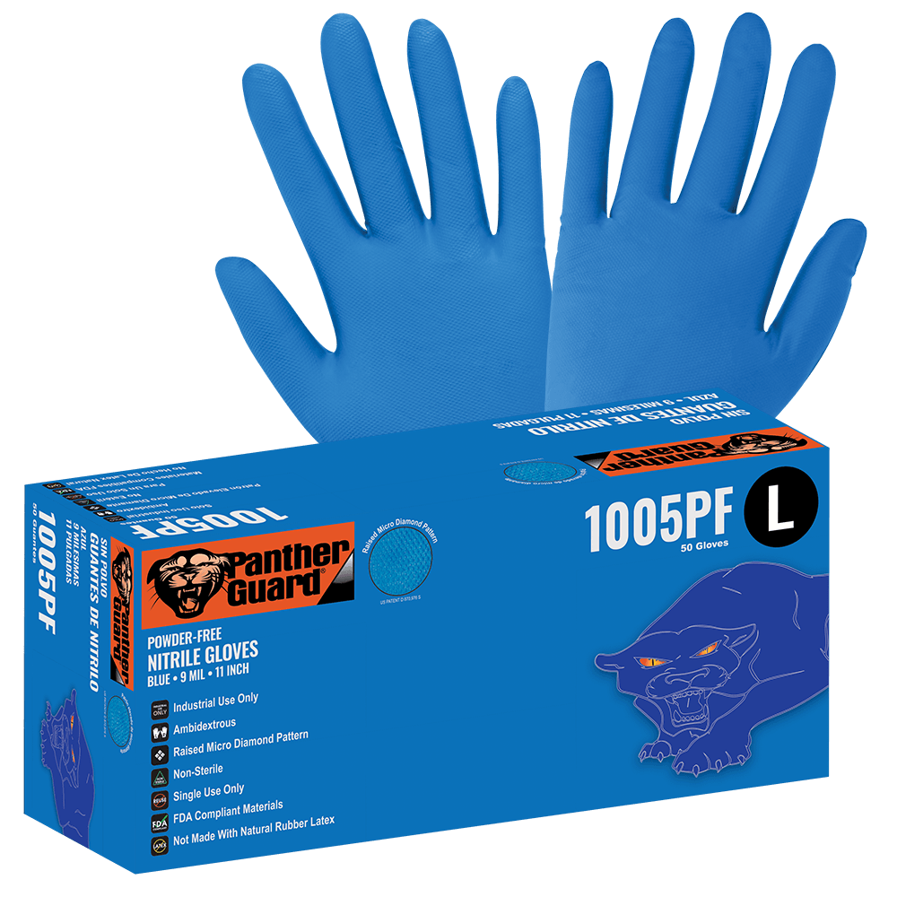 Global Glove & Safety 1005PF Panther Guard® Heavyweight Nitrile, Powder Free, Industrial Grade, Raised Micro Diamond Pattern, Blue, 9 Mil, 11 Inch (case of 500)