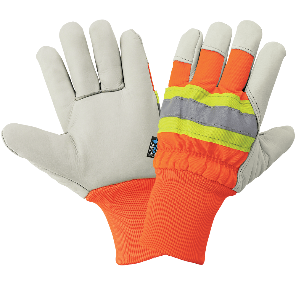 Global Glove & Safety 2950HVKW High Visibility Standard Grade Cowhide Leather Insulated Gloves with Knit Wrist