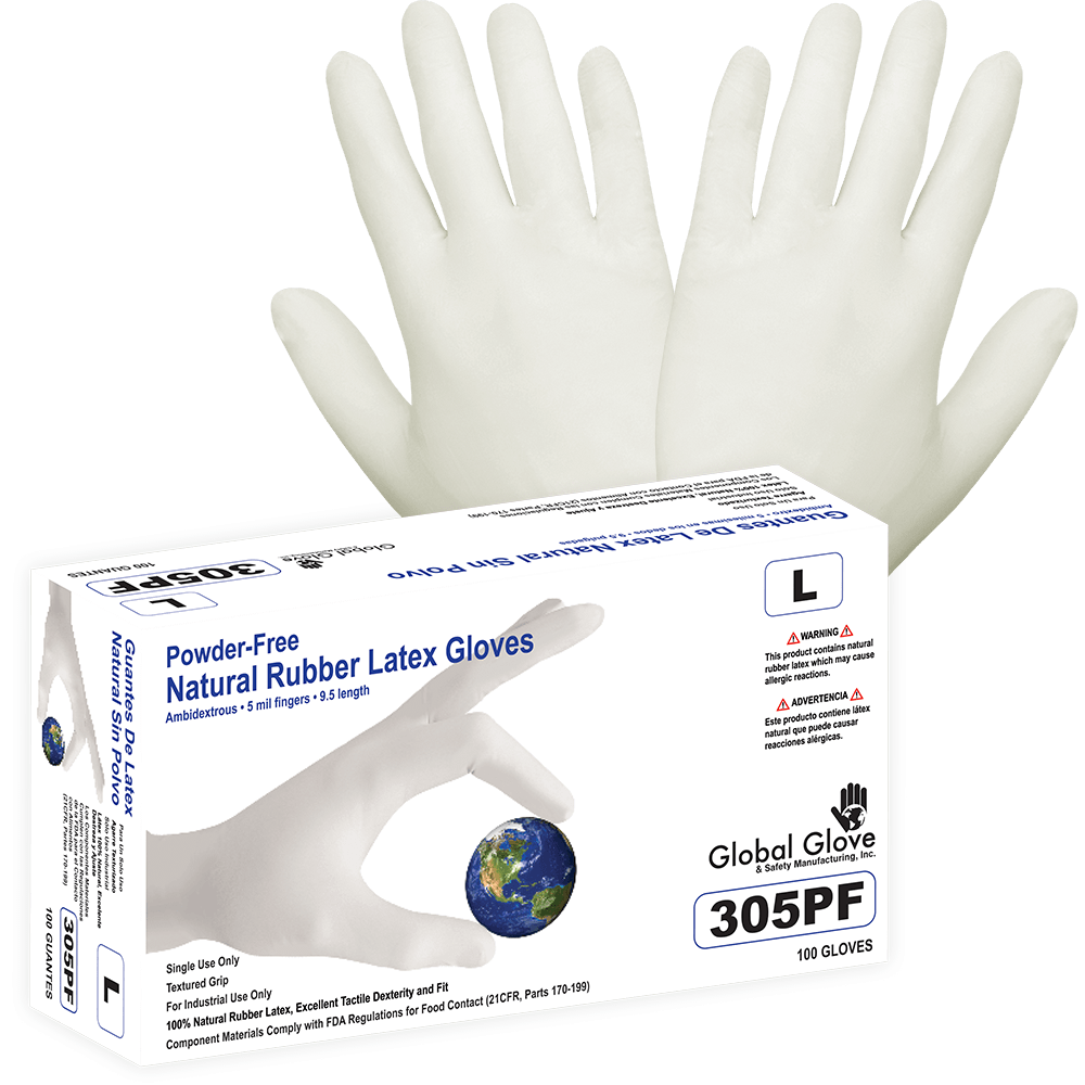 Global Glove & Safety 305PF Natural Rubber Latex, Powder Free, Industrial Grade, Natural Color, 5 Mil, Textured Fingertips, 9.5 Inch (case of 1,000)