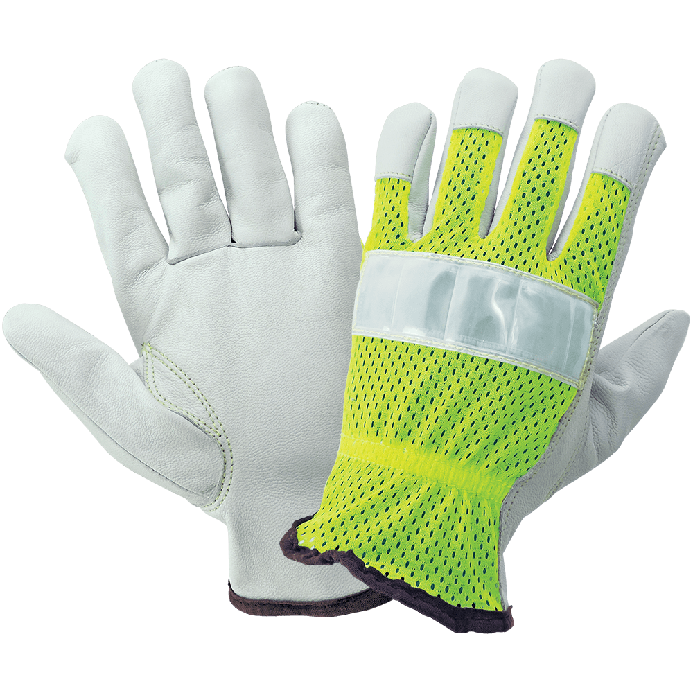 Global Glove & Safety 3100GHV High Visibility Mesh Back Premium Goatskin Leather Palm Drivers