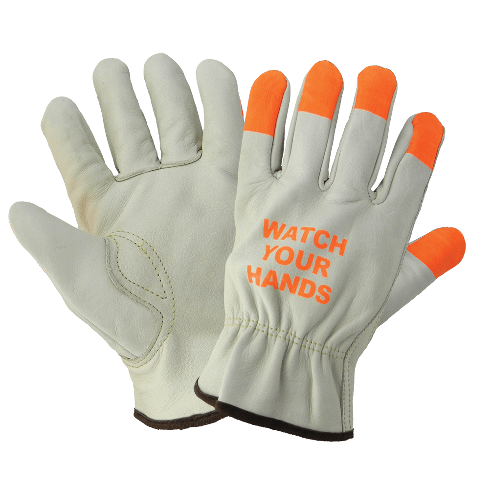Global Glove & Safety 3200WH Leather Driver Style Gloves with High Visibility Orange Fingertips