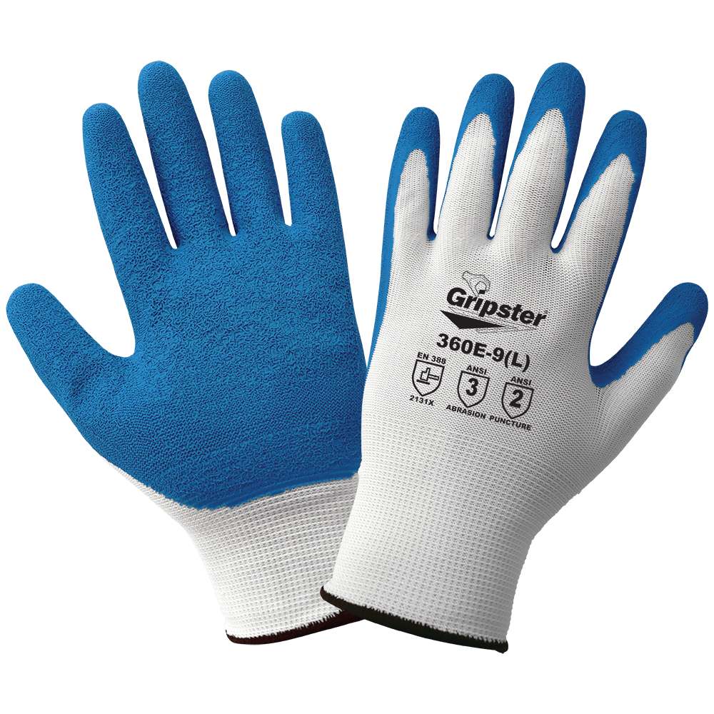 Global Glove & Safety 360E Gripster® General Purpose, 13-Gauge White Polyester, Blue Etched Rubber Coating