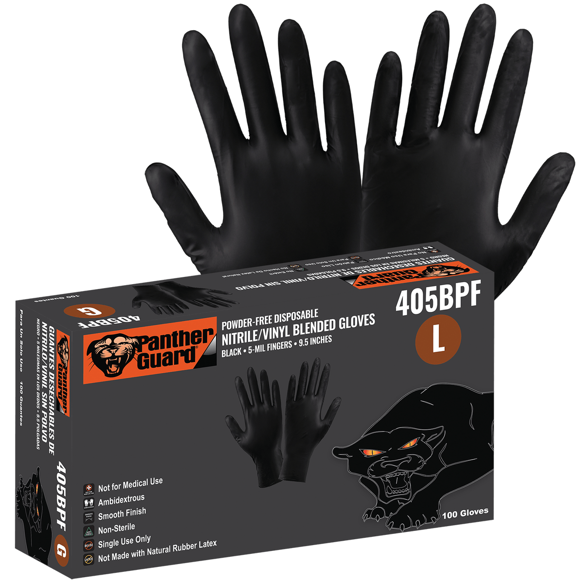 Global Glove & Safety 405BPF Panther Guard® Industrial Grade, Powder Free, Black Nitrile/Vinyl Blended, 5 Mil, Smooth Finish, 9.5 Inch