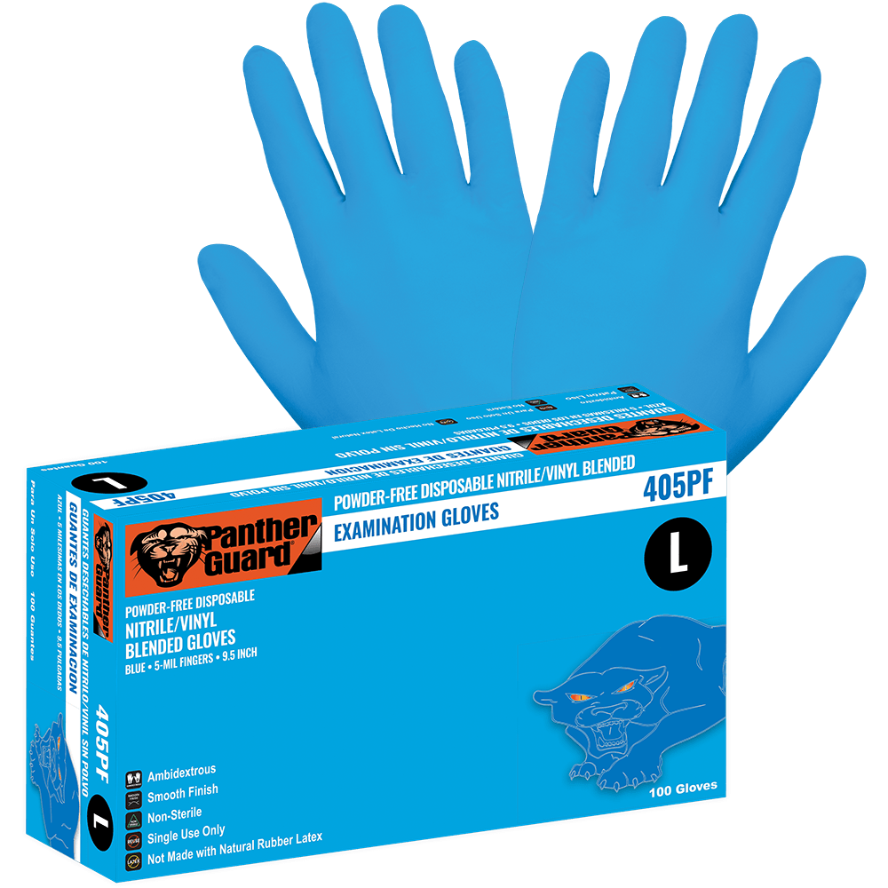 Global Glove & Safety 405PF Panther Guard® Medical Grade, Powder Free, Blue Nitrile/Vinyl Blended, 5 Mil, Smooth Finish, 9.5 Inch Examination Gloves (case of 1,000)