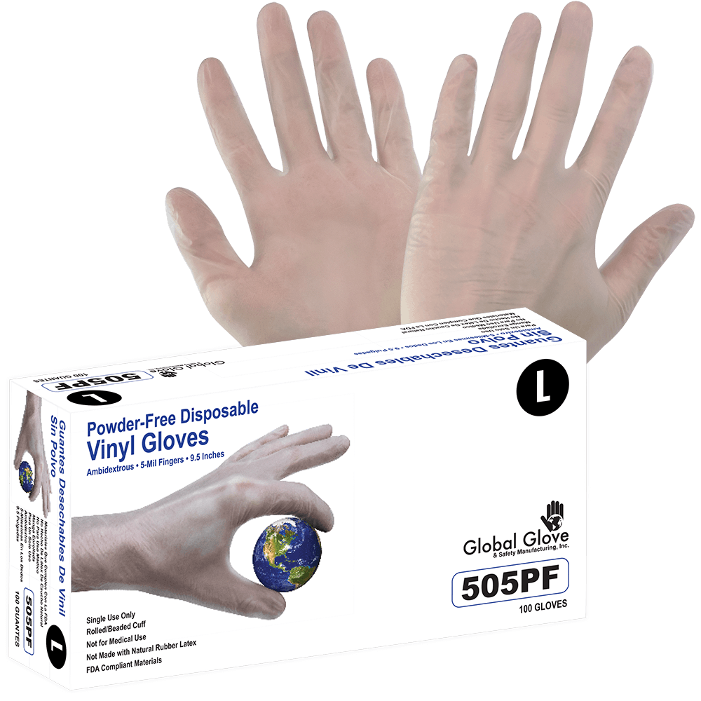 Global Glove & Safety 505PF Vinyl, Powder Free, Industrial Grade, Clear, 5 Mil, Smooth Finish, 9.5 Inch (case of 1,000)