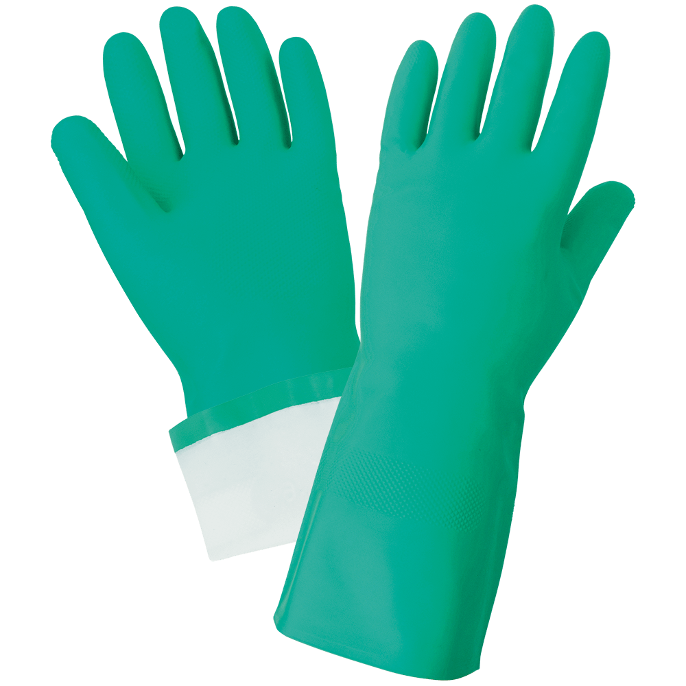 Global Glove & Safety 515F Flock Lined 15 Mil Green Nitrile Raised Diamond Pattern Grip Unsupported Gloves