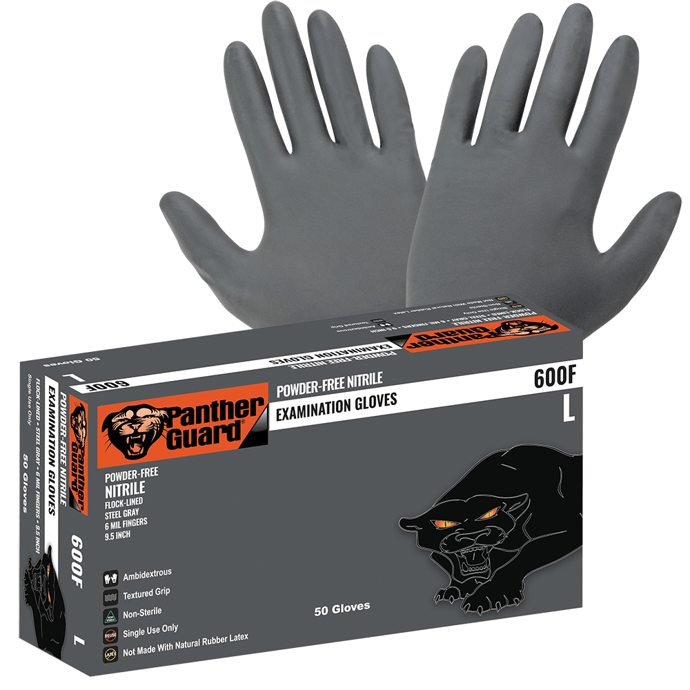 Global Glove & Safety 600F Panther Guard® Heavyweight Nitrile, Powder Free, Examination Grade, Steel Gray, 6 Mil, Flock Lined, Textured Fingertips, 9.5 Inch (case of 500)