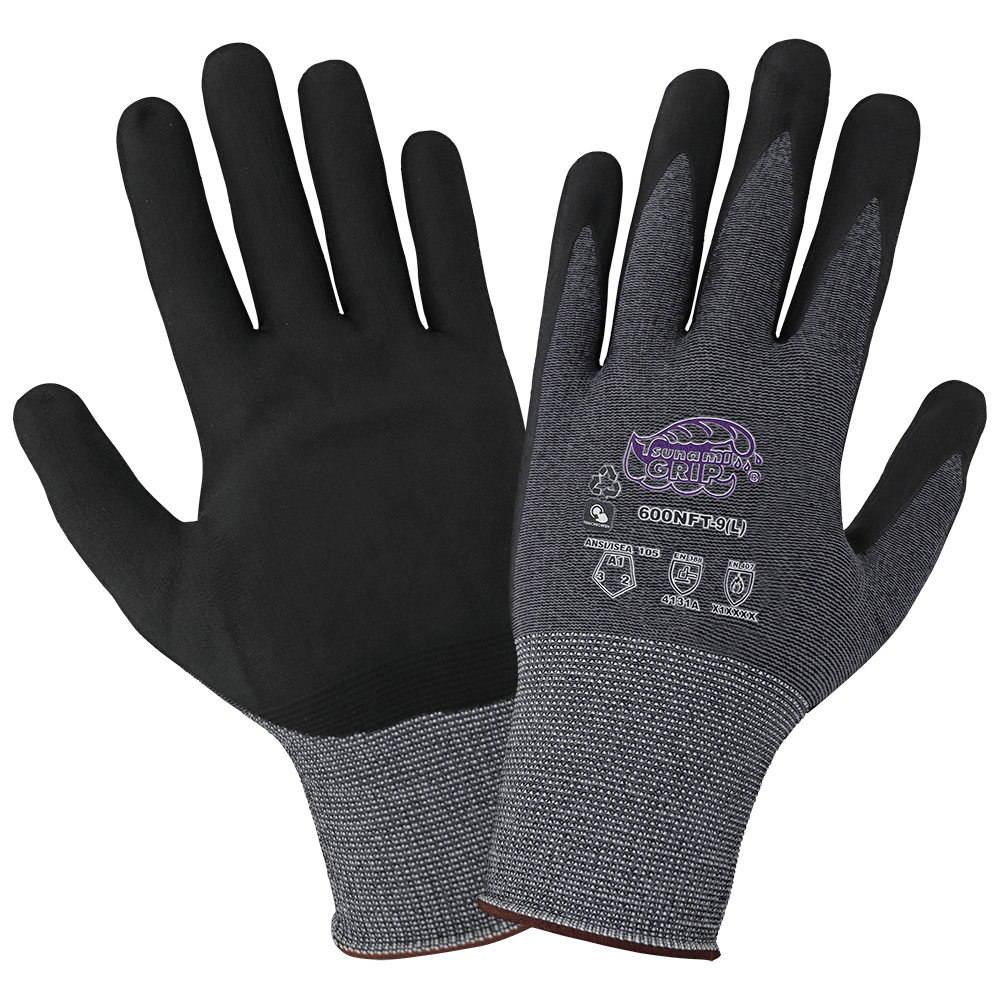 Global Glove & Safety 600NFT Tsunami Grip® Lightweight, Seamless, New Foam Technology Palm Coated, rPET Recycled Gloves, Cut A1