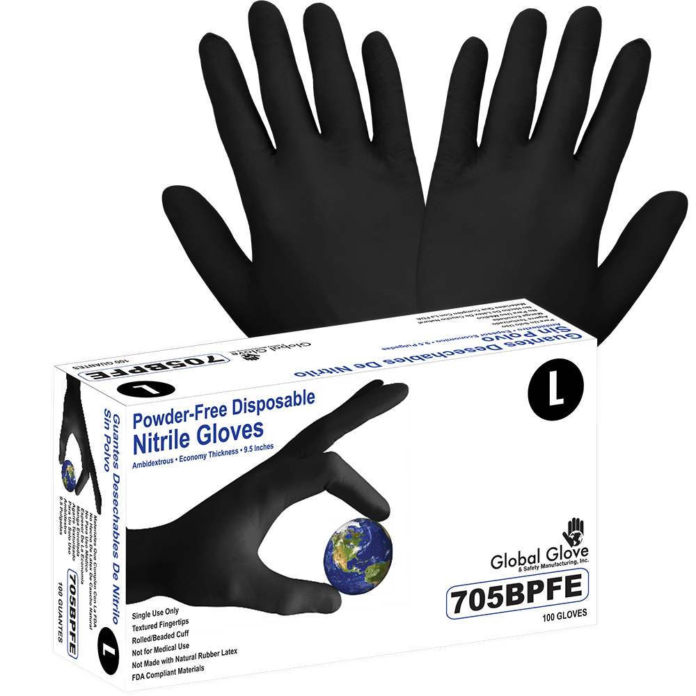 Global Glove & Safety 705BPFE Nitrile, Powder Free, Industrial Grade, Black, Lightweight, 3.5 Mil, Textured Fingertips, 9.5 Inch (case of 1,000)