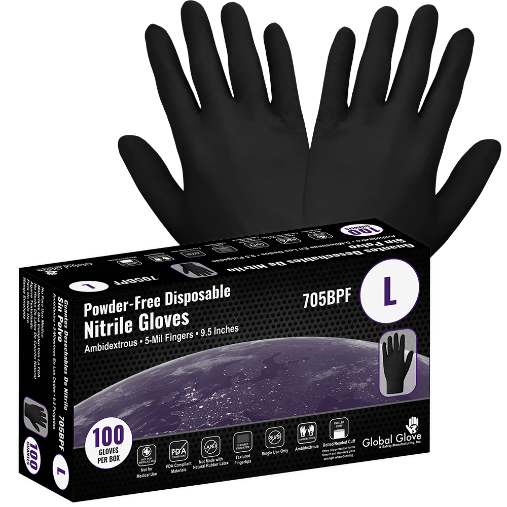 Global Glove & Safety 705BPF Nitrile, Powder Free, Industrial Grade, Black, 5 Mil, Textured Fingertips, 9.5 Inch (case of 1,000)