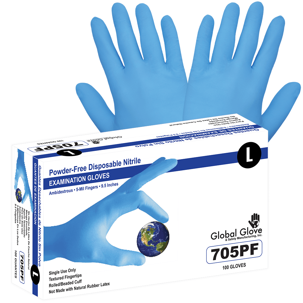 Global Glove & Safety 705PF Nitrile, Powder Free, Medical Grade, Blue, 5 Mil, Textured Fingertips, 9.5 Inch (case of 1,000)