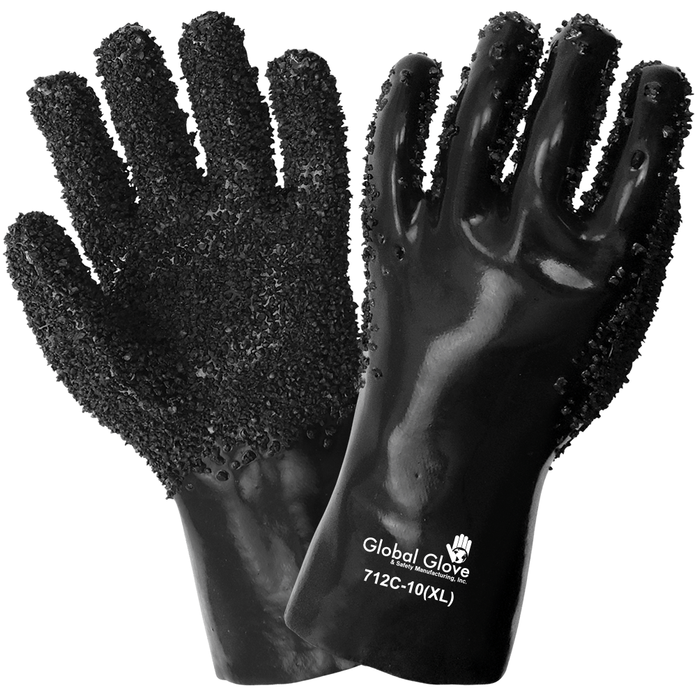 Global Glove & Safety 712C Premium Double Coated Black Chip Finish PVC 12 Inch Chemical Handling Gloves