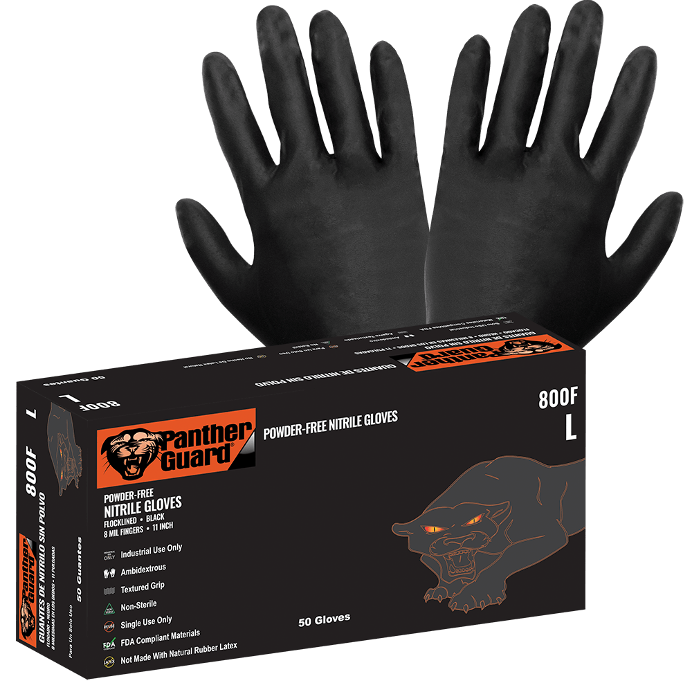 Global Glove & Safety 800F Panther Guard® Heavyweight Nitrile, Powder Free, Industrial Grade, Black, 8 Mil, Flock Lined, Textured Fingertips, 11 Inch (case of 500)