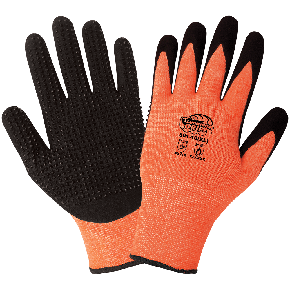 Global Glove & Safety 801 Tsunami Grip® High Visibility Heat Resistant Nitrile Dotted Palm, Cut A2