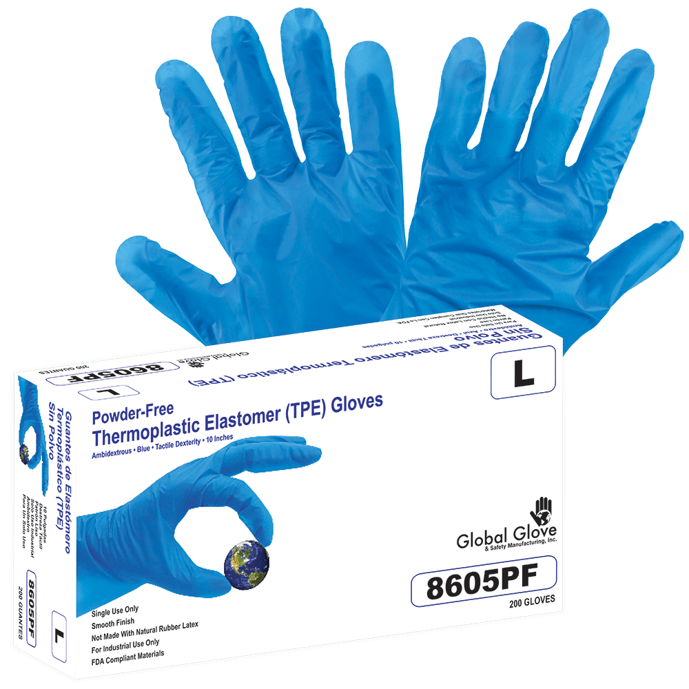 Global Glove & Safety 8605PF Keto-Handler Plus TPE, Powder Free, Industrial Grade, Blue, 2 Mil, Lightweight, Smooth Finish, 10 Inch (case of 2,000)