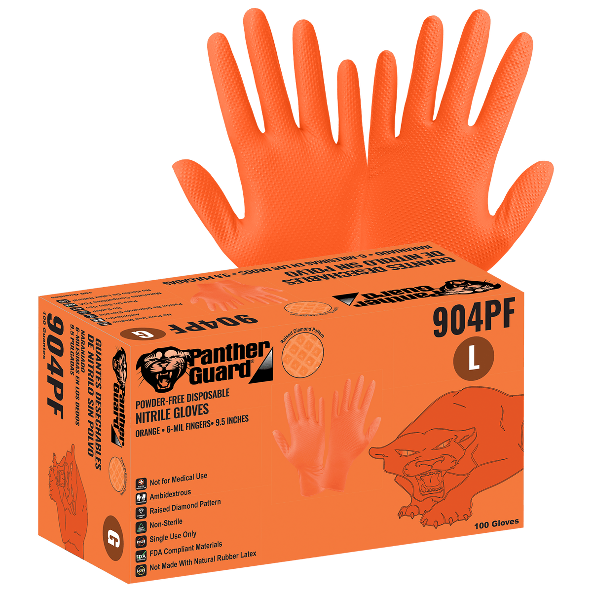 Global Glove & Safety 904PF Panther Guard High Vis Orange Nitrile, Powder Free, Industrial Grade, Raised Diamond Pattern, 6 Mil, 9.5 Inch