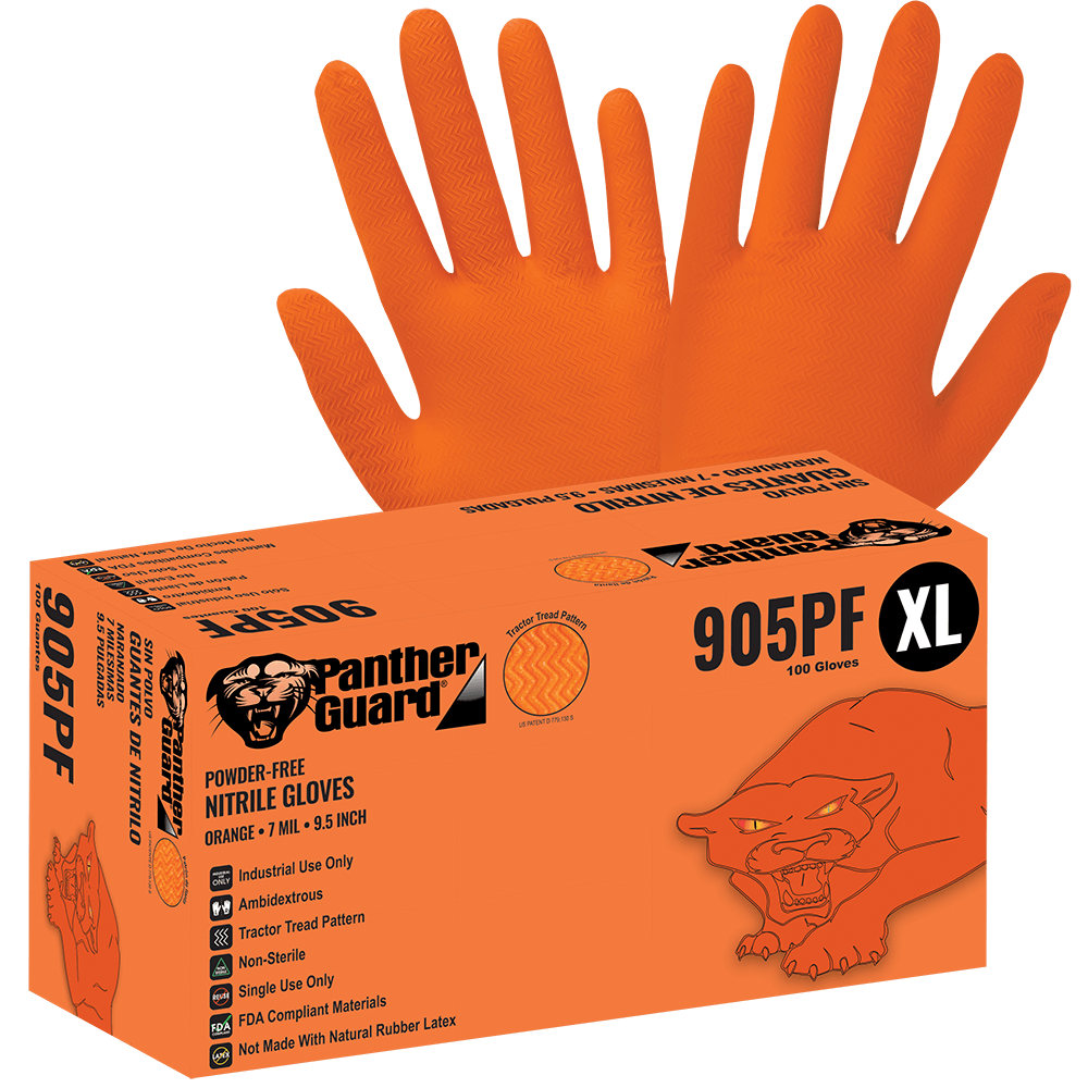 Global Glove & Safety 905PF Panther Guard® Heavyweight Nitrile, Powder Free, Industrial Grade, High Visibility Orange, 7 Mil, Tractor Tread Pattern, 9.5 inch (case of 1,000)