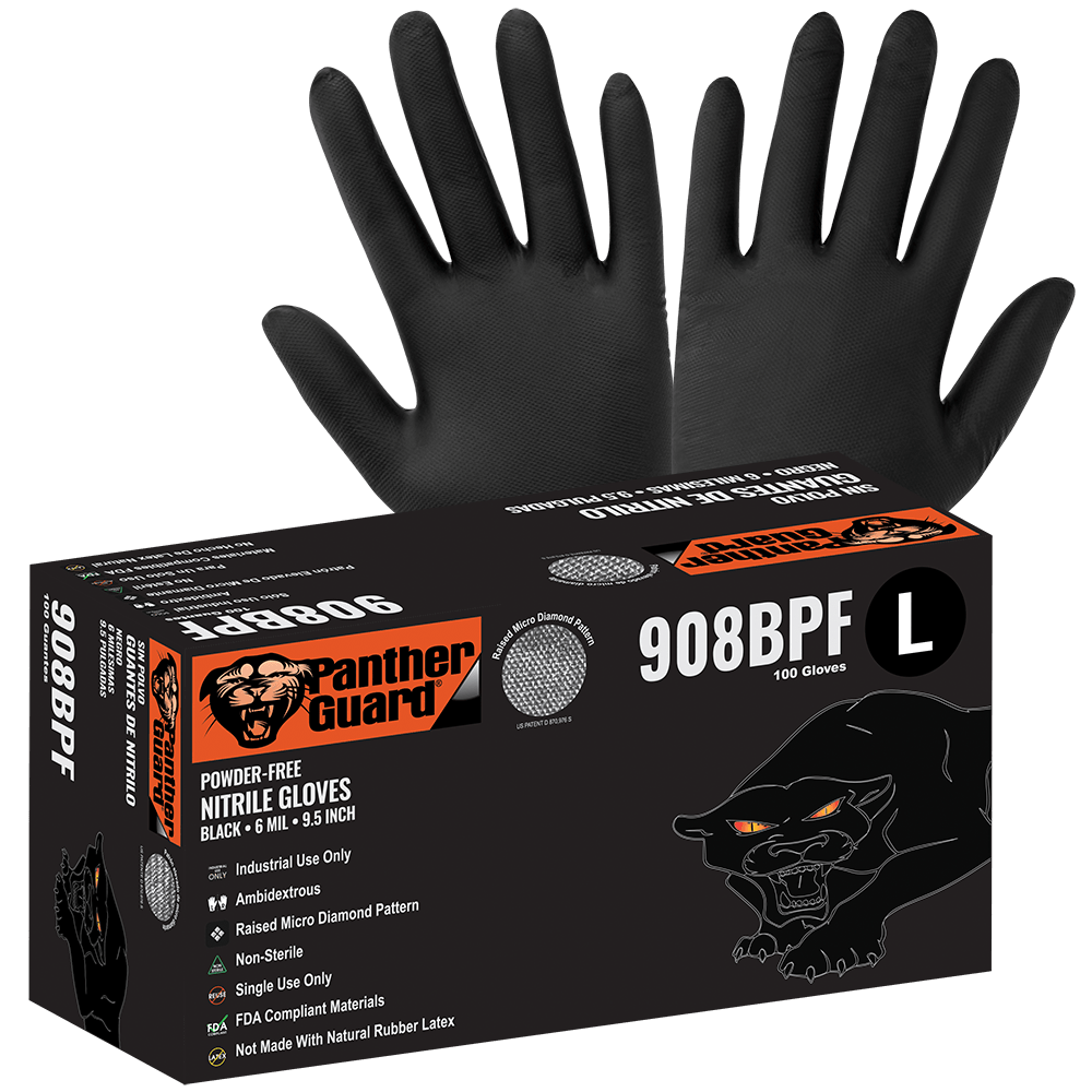 Global Glove & Safety 908BPF Panther Guard® Heavyweight Nitrile, Powder Free, Industrial Grade, Raised Micro Diamond Pattern, Black, 6 Mil, 9.5 Inch (case of 1,000)