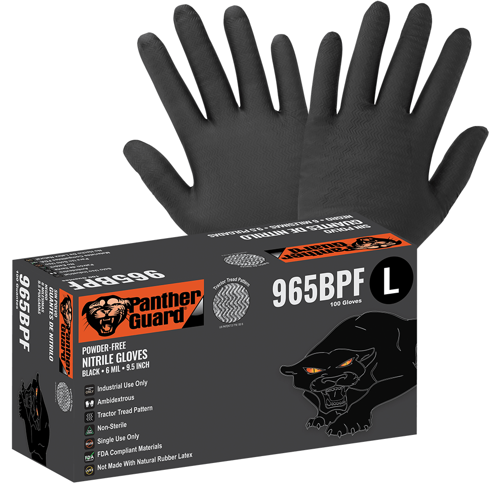 Global Glove & Safety 965BPF Panther Guard® Heavyweight Nitrile, Powder Free, Industrial Grade, Black, 6 Mil, Tractor Tread Pattern, 9.5 Inch (case of 1,000)