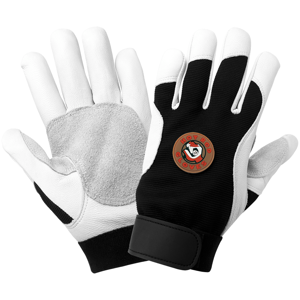 Global Glove & Safety AV3008 Hot Rod Gloves® Premium Grade Grain Goatskin Leather Palm Mechanics Style Gloves, Anti Shock Vibration Dampening Palm