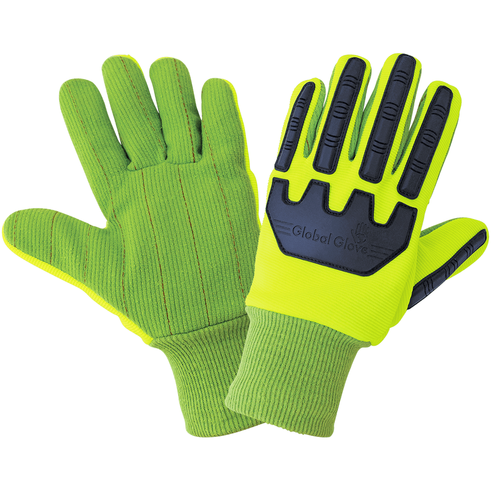Global Glove & Safety C19GCPB High-Visibility Green Cotton/Polyester Corded Gloves with Impact Protection, Cut A2