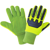 Global Glove & Safety C19GCPB High-Visibility Green Cotton/Polyester Corded Gloves with Impact Protection, Cut A2