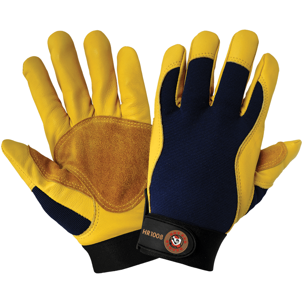 Global Glove & Safety HR1008 Hot Rod Gloves® Premium Grade Grain Calfskin Leather Double Palm Mechanics Style Gloves, Spandex Back