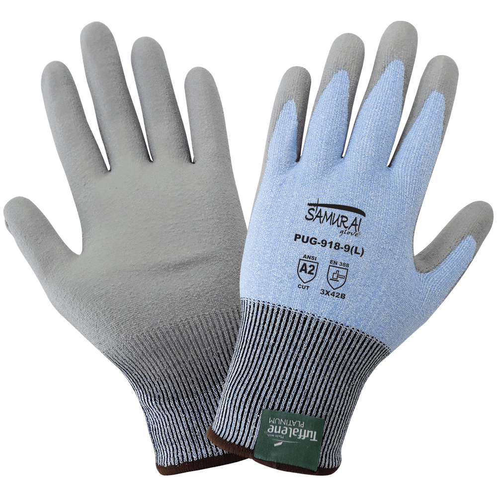 Global Glove & Safety PUG-918 Samurai Glove® Light Blue 18 Gauge Tuffalene® Platinum Polyurethane Coated, Cut A2